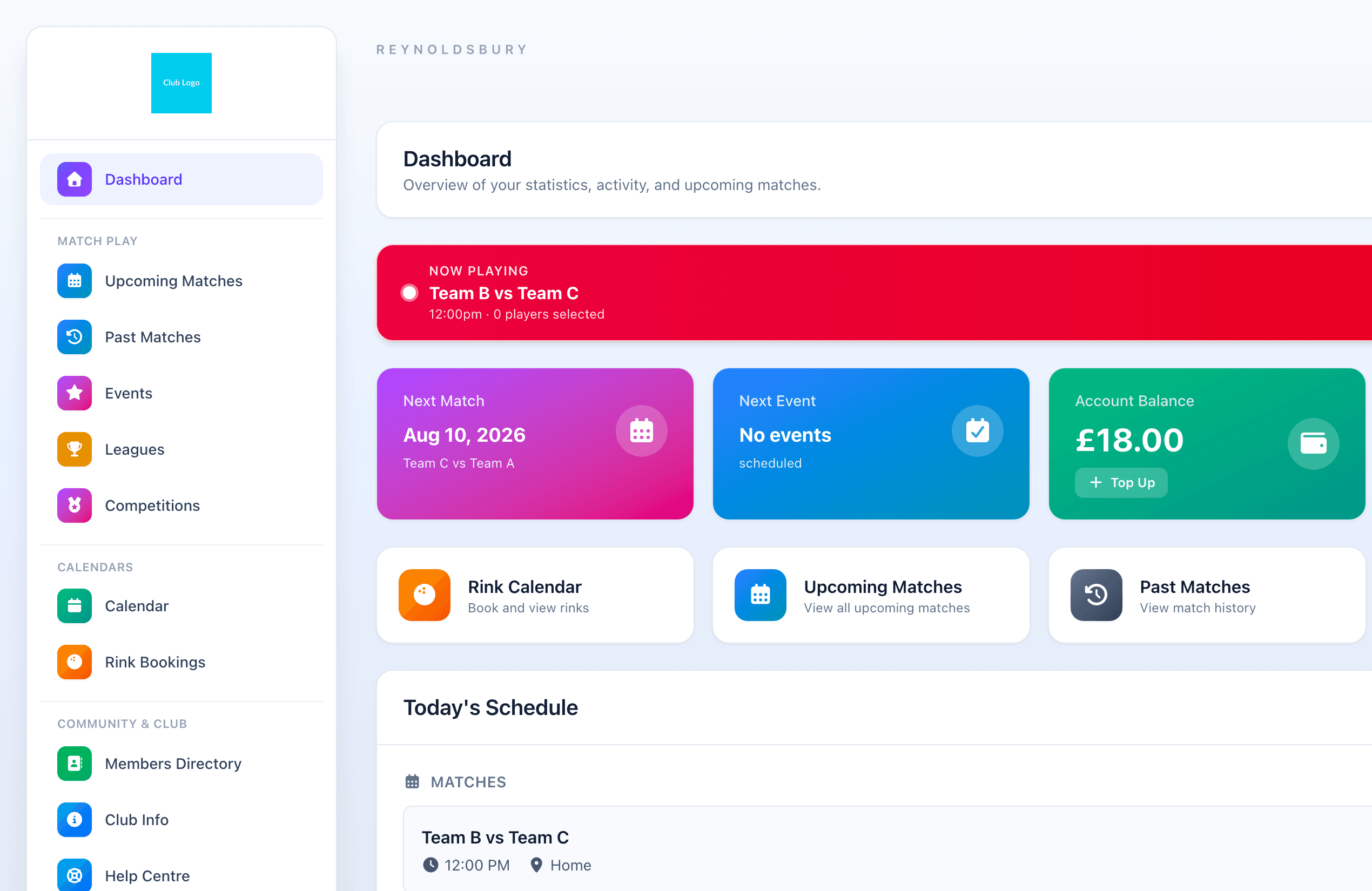 Bowls Hub dashboard showing today's match, next fixture, and account balance at a glance