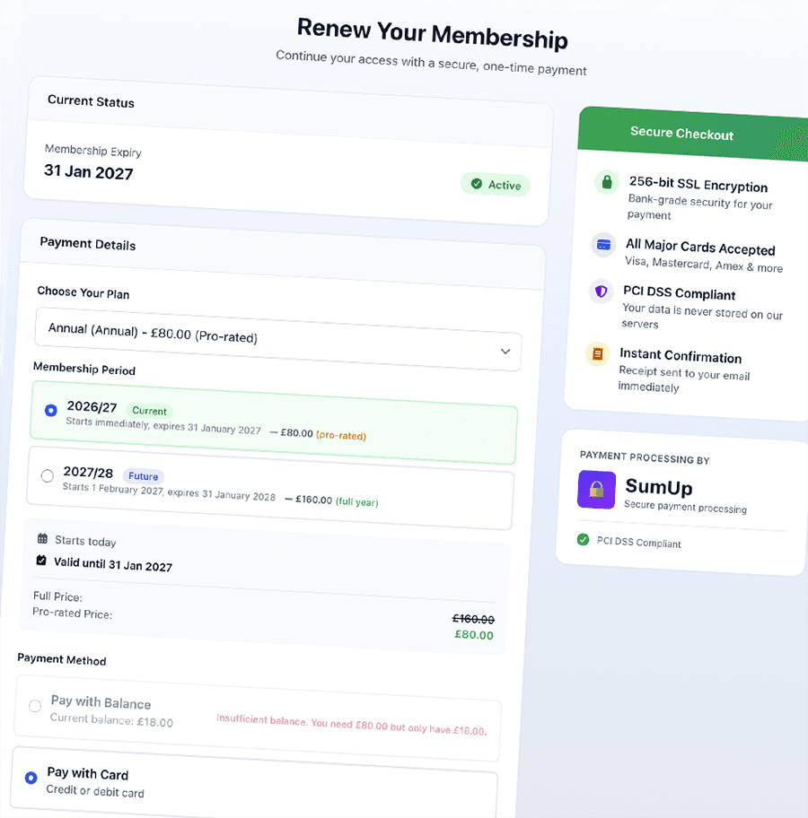 Bowls Hub membership renewal screen with secure checkout and payment history