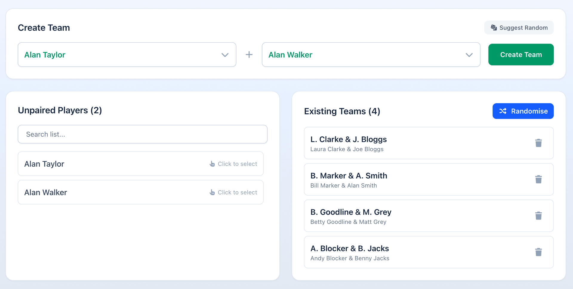 Bowls Hub team creation screen pairing players and managing existing teams