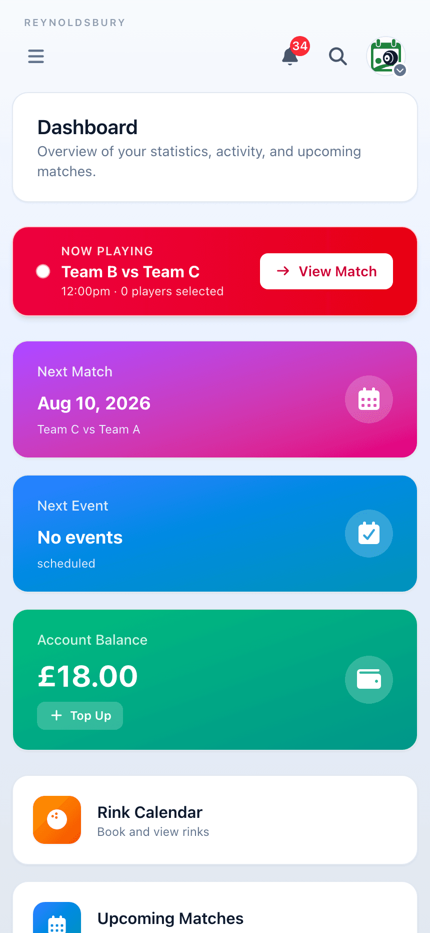 Bowls Hub dashboard on a mobile phone, showing the next match, next event, and account balance